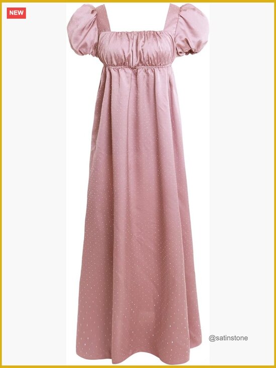 Dresses & Skirts - Rhinestone Satin Victorian Party Gown Square Neck Short Puff Sleeve Maxi Dress